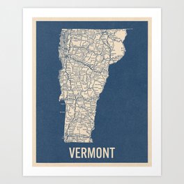 Vintage Vermont Road Map, Blue on Beige #2 Art Print