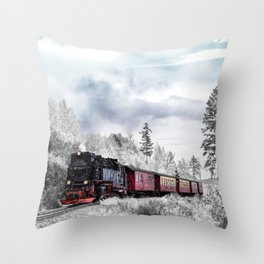 Vintage train,snow,winter art Throw Pillow