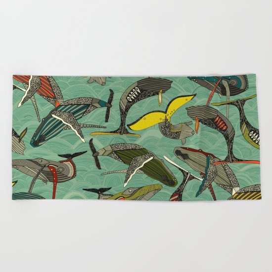 whales and waves jade Beach Towel
