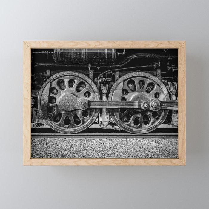 Steam Locomotive Drive Wheels Black and White Train Tracks Framed Mini Art Print