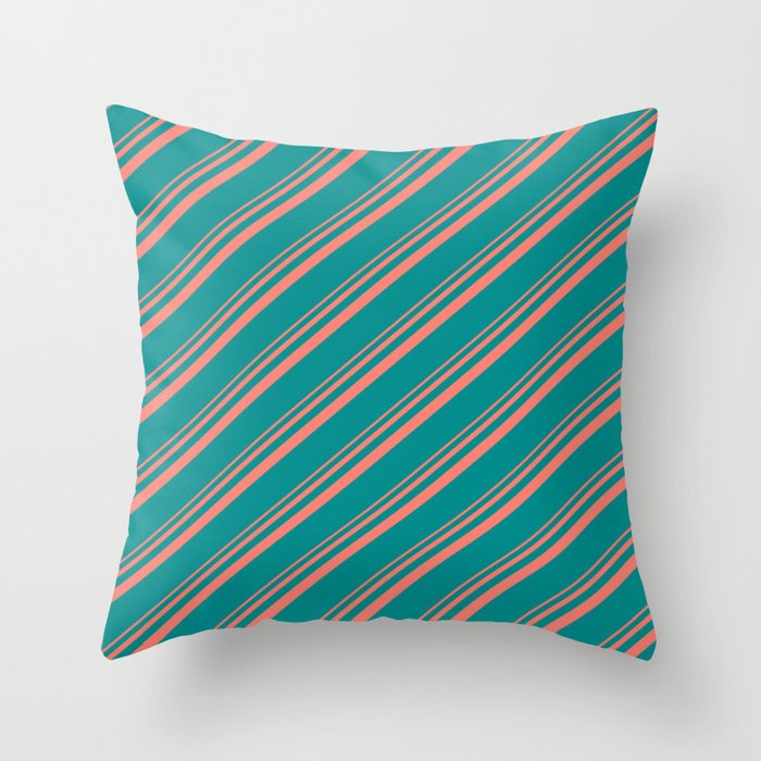 Salmon and Dark Cyan Colored Lined/Striped Pattern Throw Pillow