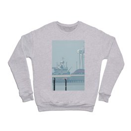 Loons on Posts, Pier and Looming Ship Marina in Background Crewneck Sweatshirt