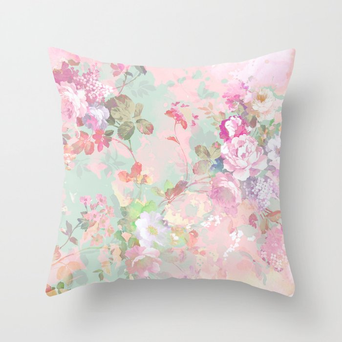 Vintage botanical blush pink mint green floral pattern Throw Pillow
