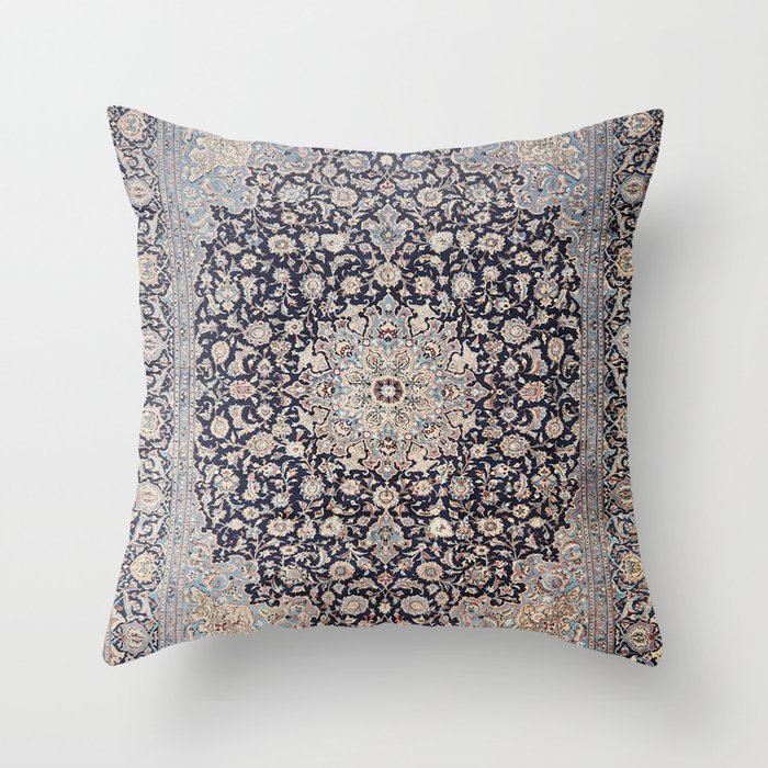 Old Century Meshed Persia Authentic Colorful Dusty Blue Dark Gray Vintage Rug Pattern Throw Pillow