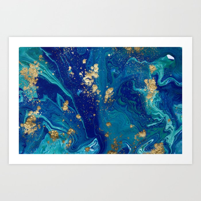 Blue Gold Liquid Marble Art Print By Newburydesigns Society6