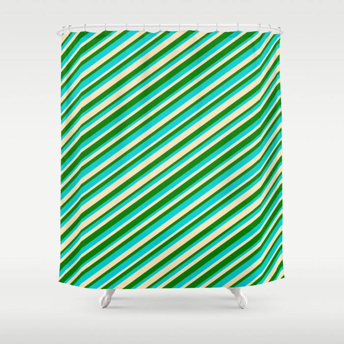 Dark Turquoise, Beige, and Green Colored Striped/Lined Pattern Shower Curtain