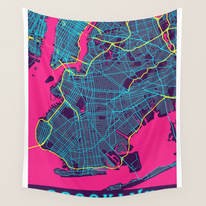 Brooklyn Neon City Map, Brooklyn Minimalist City Map Wall Tapestry by 