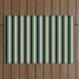 [ Thumbnail: Light Slate Gray, Pink, Forest Green, and Black Colored Lines Pattern Outdoor Rug ]