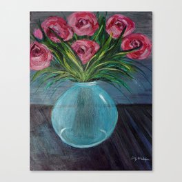 Roses in Aqua Glass Vase in Acrylic Canvas Print