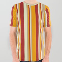 [ Thumbnail: Light Yellow, Red, Orange, and Tan Colored Striped/Lined Pattern All Over Graphic Tee ]