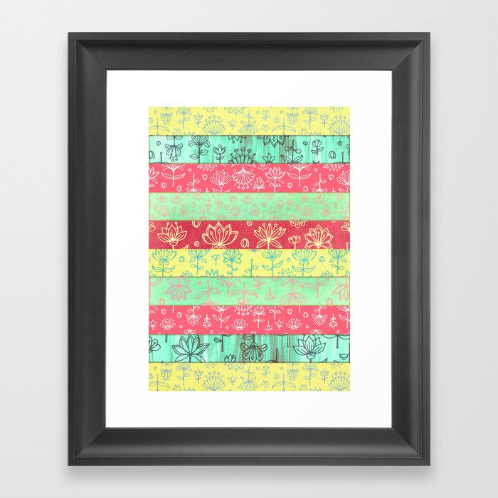 Lily & Lotus Layers in Mint Green, Coral & Buttercup Yellow Framed Art Print