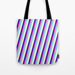 [ Thumbnail: Blue, Deep Pink, Sky Blue, and Light Yellow Colored Stripes/Lines Pattern Tote Bag ]