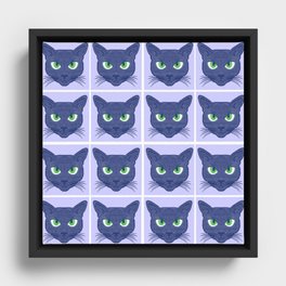 Retro Modern Periwinkle Cats Pattern Framed Canvas