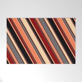 [ Thumbnail: Eye-catching Dim Grey, Dark Red, Tan, Coral, and Black Colored Striped Pattern Welcome Mat ]