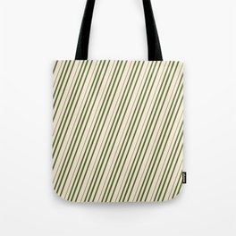 [ Thumbnail: Beige & Dark Olive Green Colored Striped/Lined Pattern Tote Bag ]