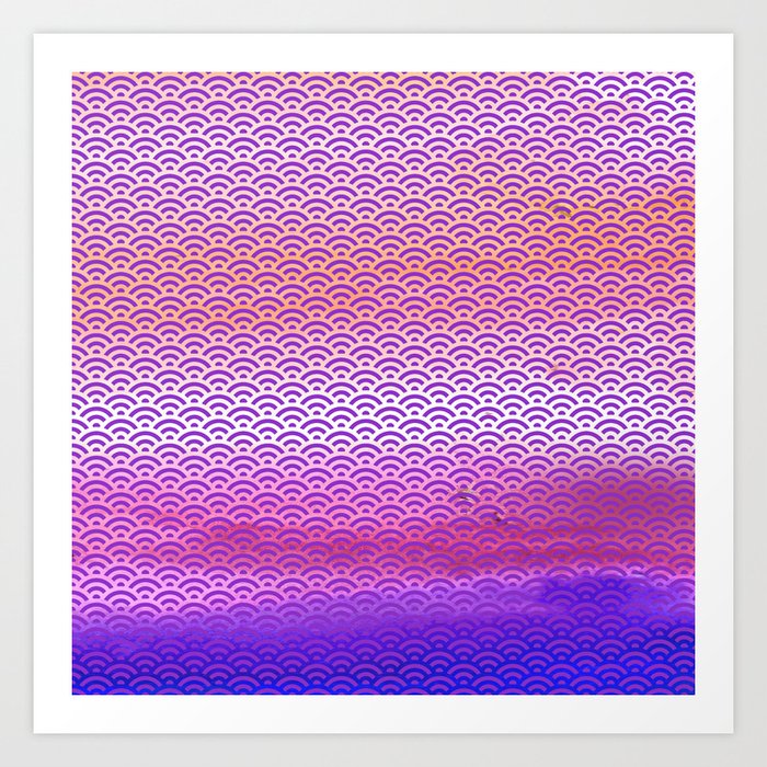 Magic Sunset/Purple Watercolor Seigaiha Pattern Art Print