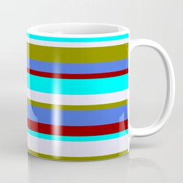[ Thumbnail: Colorful Green, Royal Blue, Dark Red, Cyan & Lavender Colored Lined Pattern Coffee Mug ]