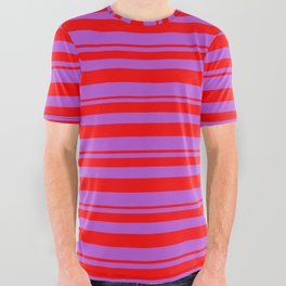 [ Thumbnail: Red and Orchid Colored Lined/Striped Pattern All Over Graphic Tee ]