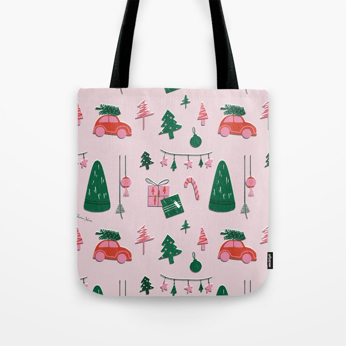 Very Christmas Pattern with green tree, red car, lights, gifts, and ornaments Tote Bag