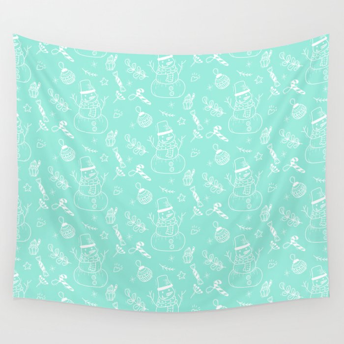 Seafoam and White Christmas Snowman Doodle Pattern Wall Tapestry