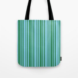 [ Thumbnail: Sea Green and Sky Blue Colored Stripes/Lines Pattern Tote Bag ]