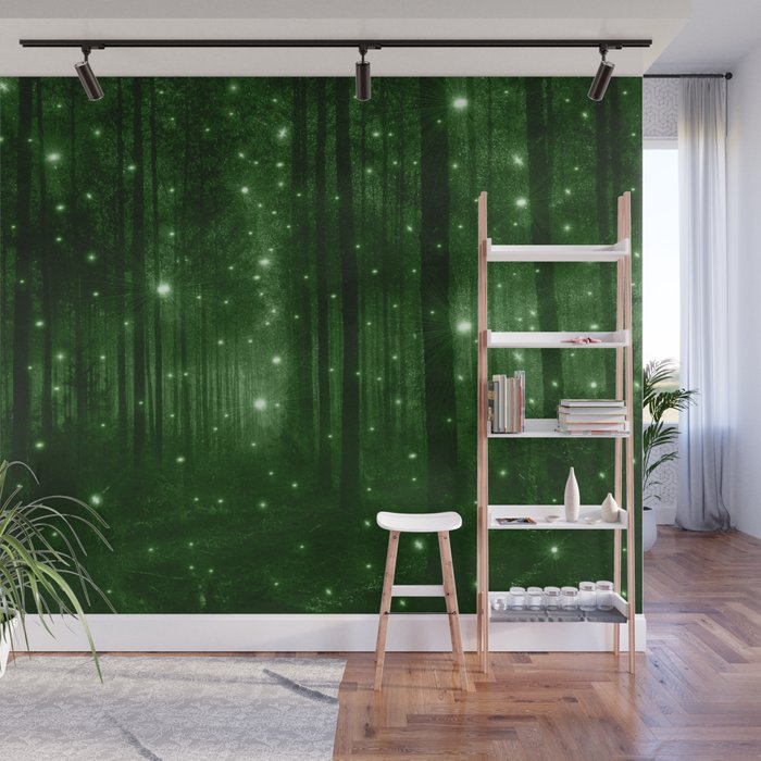 Glowing Emerald Green Forest Wall Mural
