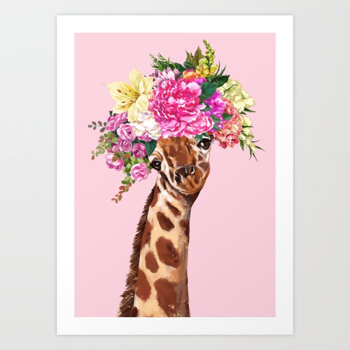 Flower Crown Baby giraffe in Pink Art Print