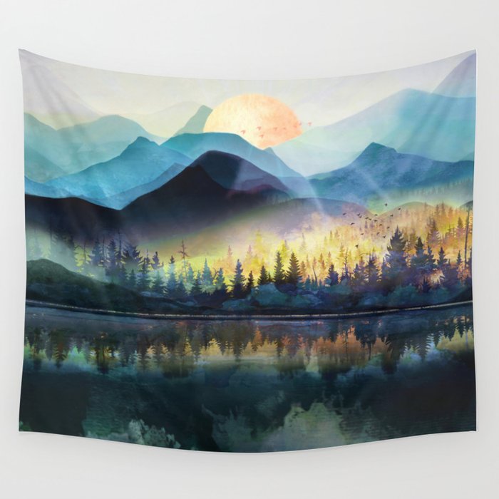 Mountain Lake Under Sunrise Wall Tapestry