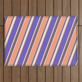 [ Thumbnail: Light Salmon, Dim Grey, Slate Blue, and Beige Colored Lined/Striped Pattern Outdoor Rug ]
