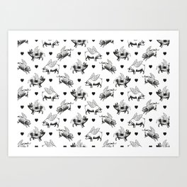 Flying Pigs | Vintage Pigs with Wings | Black and White | Art Print