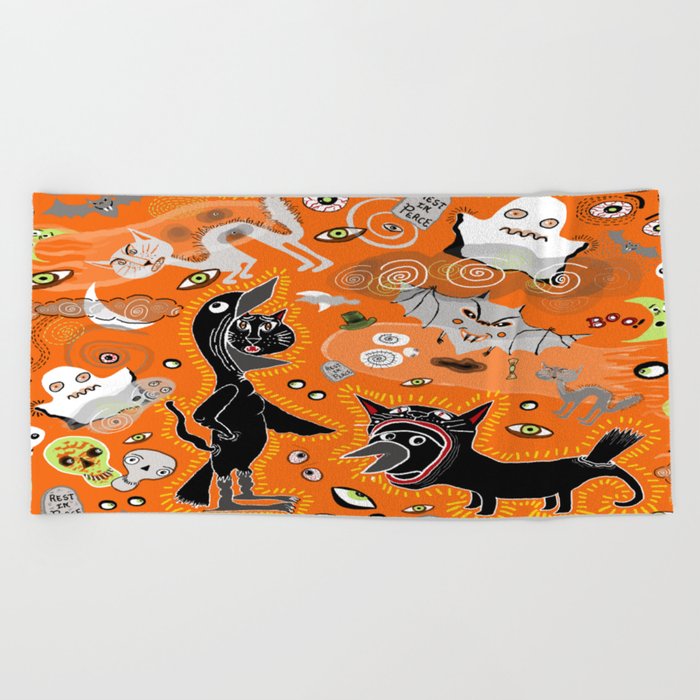 Halloween Costume Contest, Black Cat vs. Raven  Beach Towel
