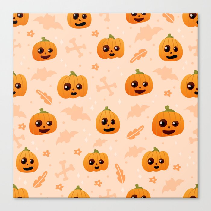 Cute Pumpkin Face Seamless Pattern on Light Background with Bats and Bones, Halloween Ornate Canvas Print