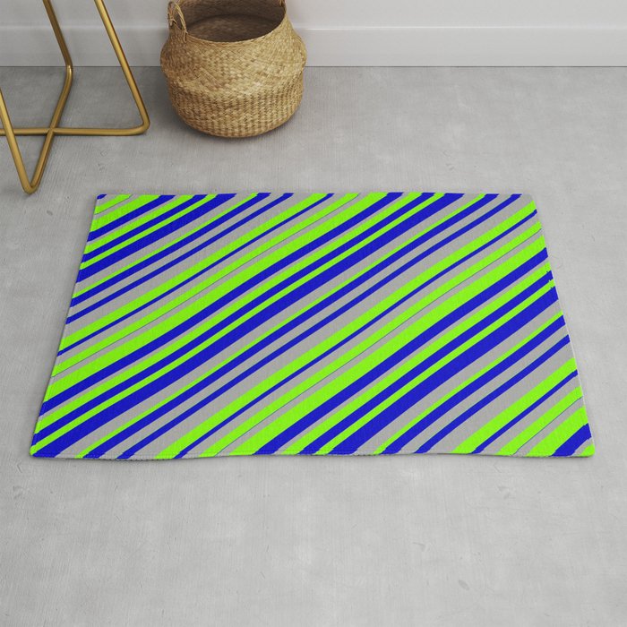 Chartreuse, Blue, and Dark Gray Colored Lined Pattern Rug