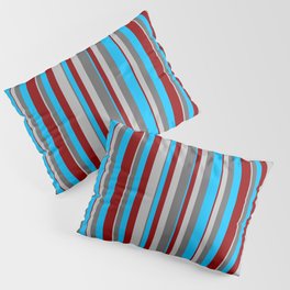 [ Thumbnail: Grey, Dim Grey, Deep Sky Blue & Dark Red Colored Stripes Pattern Pillow Sham ]
