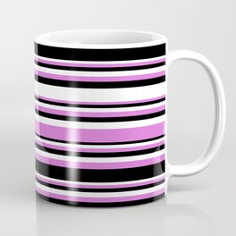 [ Thumbnail: Orchid, Black, and White Colored Striped/Lined Pattern Coffee Mug ]
