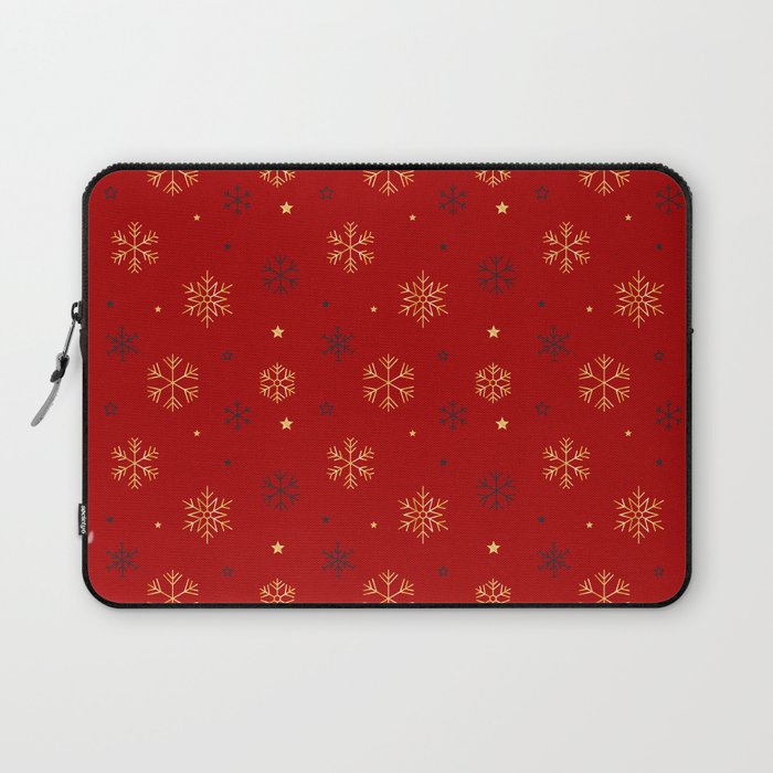 Red background with black and gold snowflake xmas pattern Laptop Sleeve