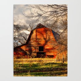Red Barn - Rustic Barn in Shadows on Fall Day in Oklahoma Poster