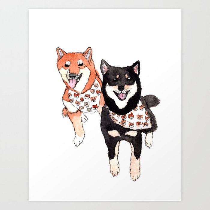 Two Shiba Inu with Bandana Art Print by Little Kingdom Society6