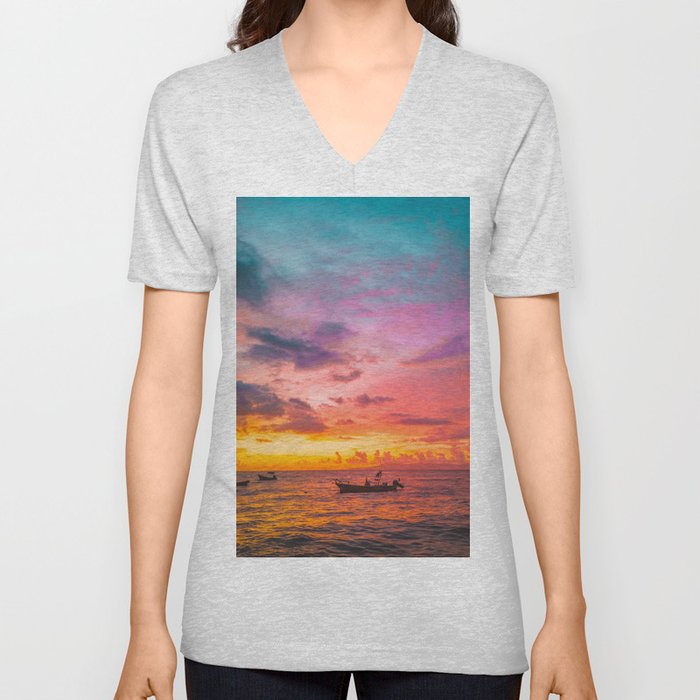 Cotton Candy Ocean Sunset V Neck T Shirt