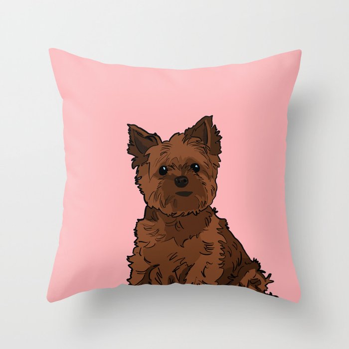 Cute brown Yorkshire Terrier dog - pink background Throw Pillow