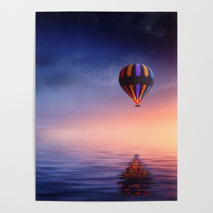 Baloon at sunset on the ocean Poster