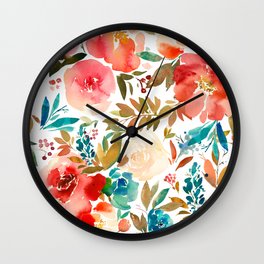 Red Turquoise Teal Floral Watercolor Wall Clock