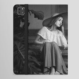 Here, There, and Everywhere; Girl with a hat and an apple; serene summer portrait black and white photograph - photography - photographs iPad Folio Case