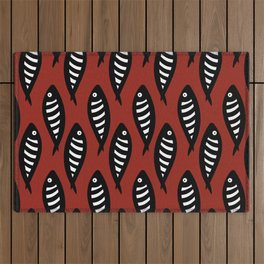 Abstract black and white fish pattern Red Outdoor Rug