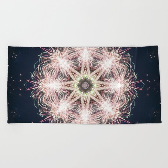 New year colorful sparkly fireworks mandala Beach Towel
