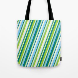 [ Thumbnail: Teal, Green, Beige & Light Sky Blue Colored Stripes/Lines Pattern Tote Bag ]