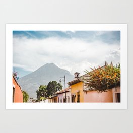 Colorful houses of a street in Antigua Guatemala with volcano views Art Print | Photo, Colonial, Street, Travel, Paintedhouses, Colorfulhouses, Guatemala, Centralamerica, Vibrant, Colourfulhouses 