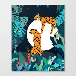 Over The Moon, Leopard In Love, Jungle Wildlife Tropical Tiger Botanical, Nature Cat Dark Animals Canvas Print