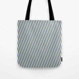 [ Thumbnail: Sky Blue, Slate Blue, Green, and Beige Colored Striped Pattern Tote Bag ]