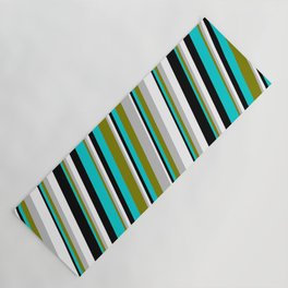 [ Thumbnail: Eye-catching Green, Grey, White, Black & Dark Turquoise Colored Pattern of Stripes Yoga Mat ]